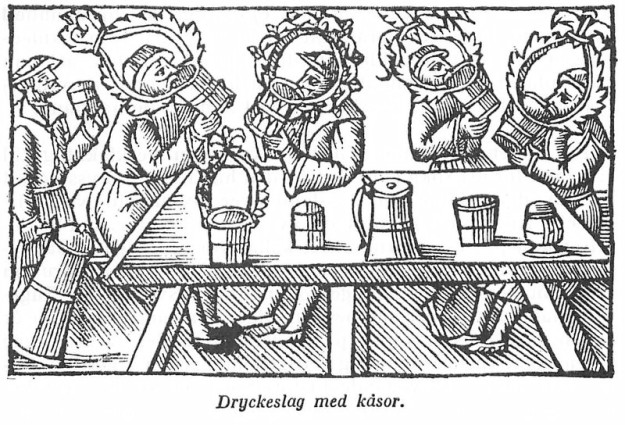 Svenskt dryckeslag med kåsor. Efter Olaus Magnus Historia de gentibus septentrionalibus. 1555. Gemeinfrei.