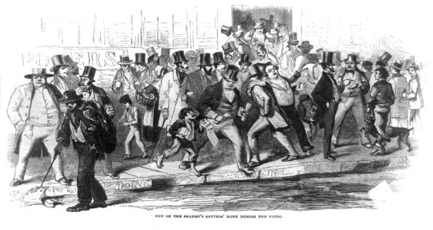 Run on the Seamen’s Savings’ Bank during the Panic of 1857. Harper’s Weekly vol. I, p.692. Library of Congress, gemeinfrei.